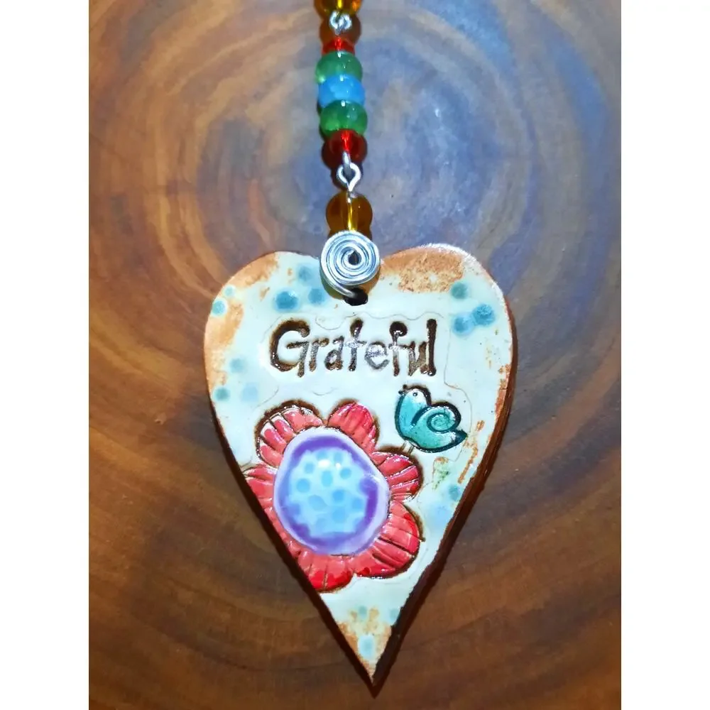 Artisan Beaded Suncatcher Ceramic Heart GRATEFUL Colorful Crystals Floral Mobile